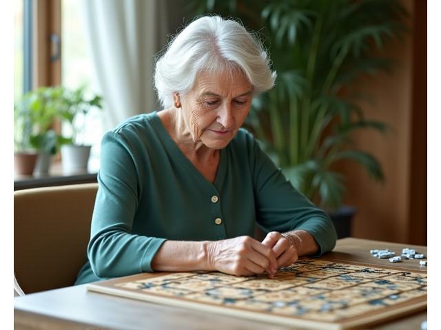 A serene, older adult engaged in a complex puzzle, symbolizing mental sharpness and healthy aging.