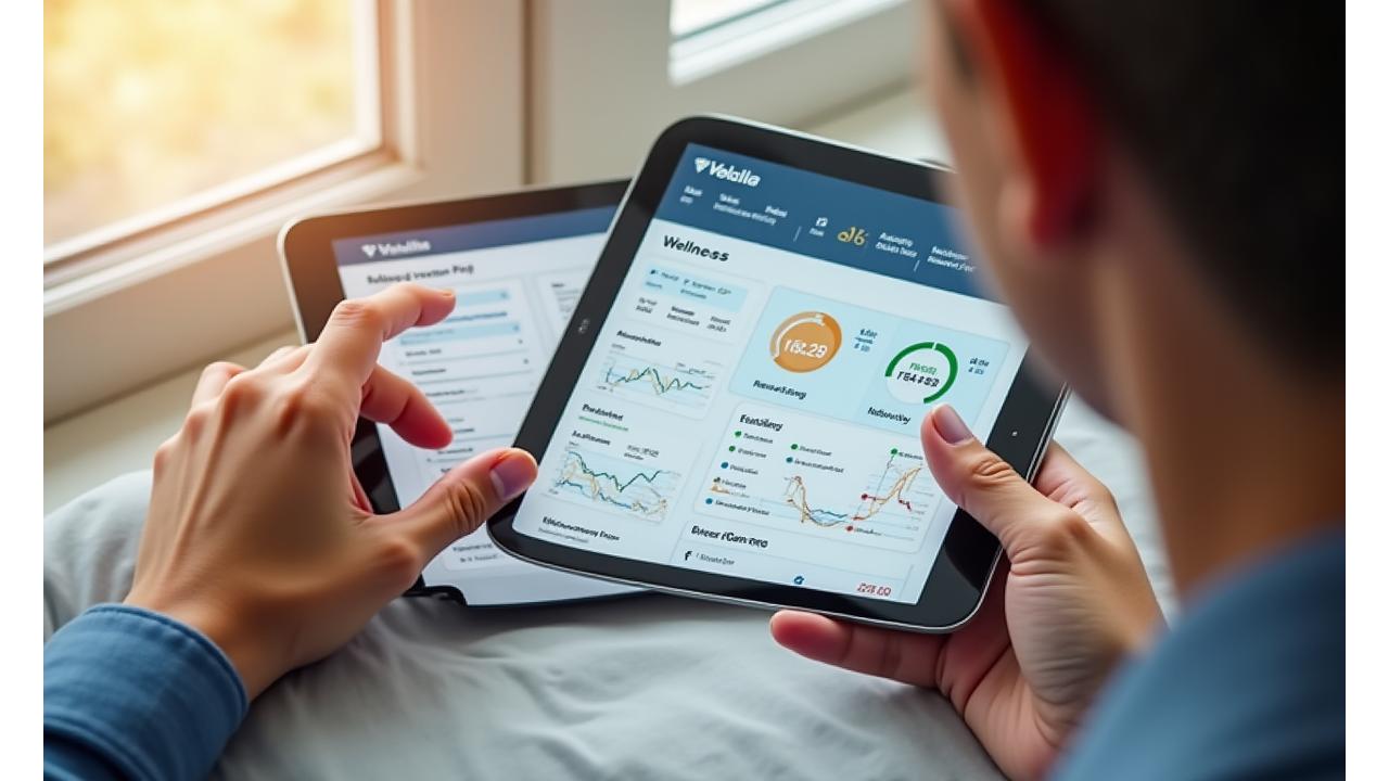 Velana Health Co. interactive health dashboard displayed on a tablet, showing graphs for sleep, activity, and nutrition data.