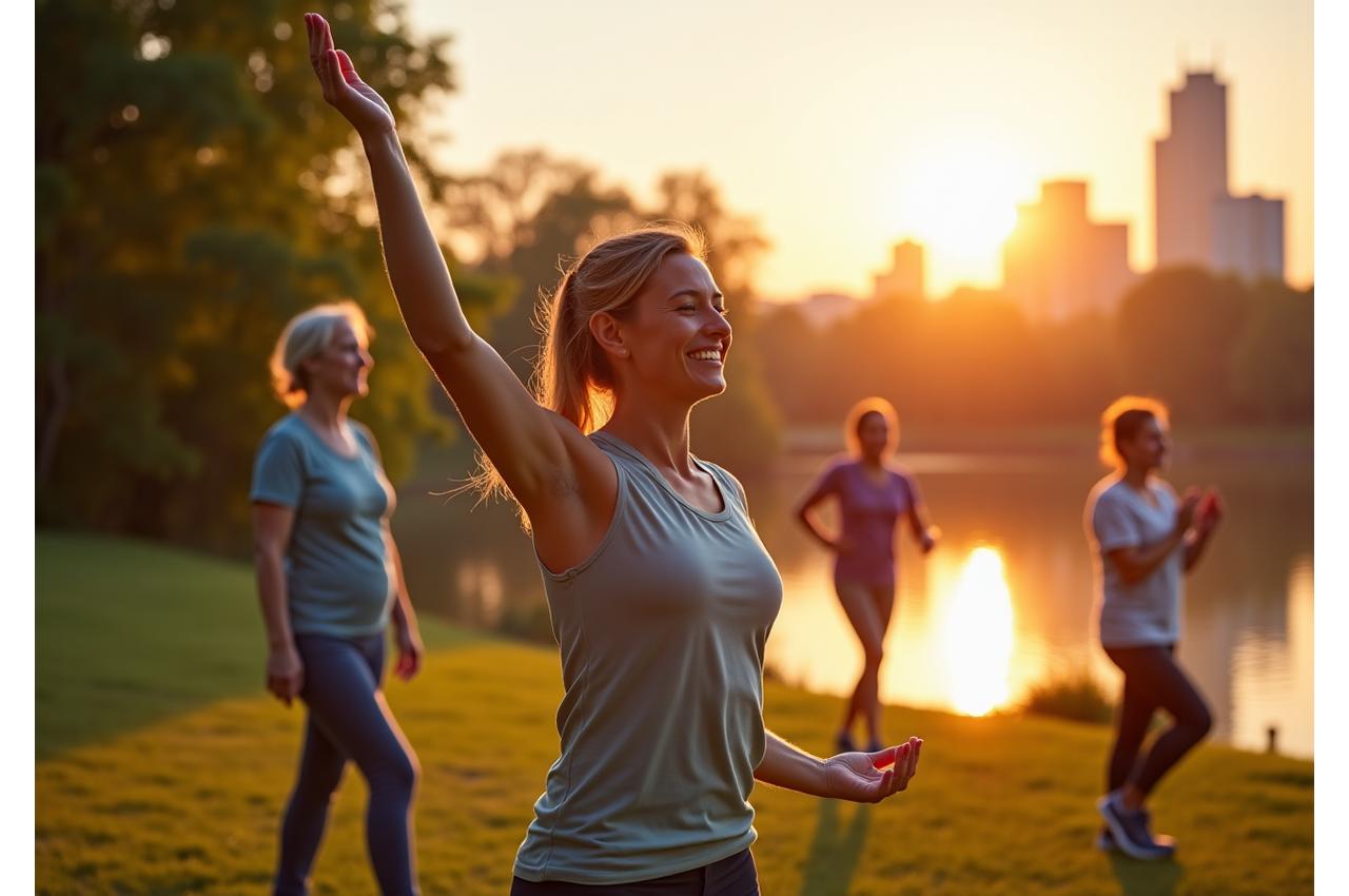 Diverse group of sophisticated Nashville adults engaging in balanced wellness activities like yoga, mindful walking, and healthy cooking, reflecting vitality and calm.