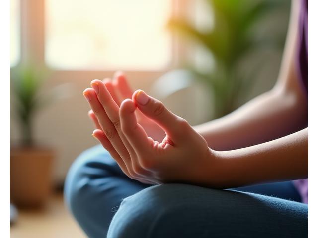 Hands pressed together in a calming gesture, representing specialized meditations for focus and anxiety.