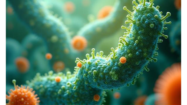 A vibrant, abstract illustration of a healthy gut microbiome, showcasing beneficial bacteria and a balanced ecosystem.