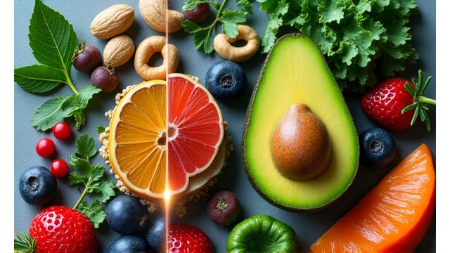 A diverse array of food items alongside scientific tools like a DNA helix, representing personalized nutrition based on genetic insights.