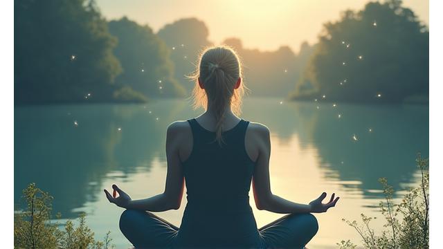 A person calmly meditating in a serene natural setting, with subtle energetic lines radiating from them, symbolizing stress resilience and inner strength.