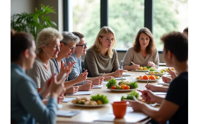 A diverse group of adults intently listening to a speaker in a modern, well-lit conference room, representing an interactive nutrition workshop.