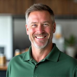 Headshot of Mark Roberts, a fit and energetic male nutritionist in his 50s, smiling confidently in a modern kitchen or healthy food setting.
