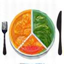 Stylized icon of a balanced meal plate with fork and knife, representing nutrition.